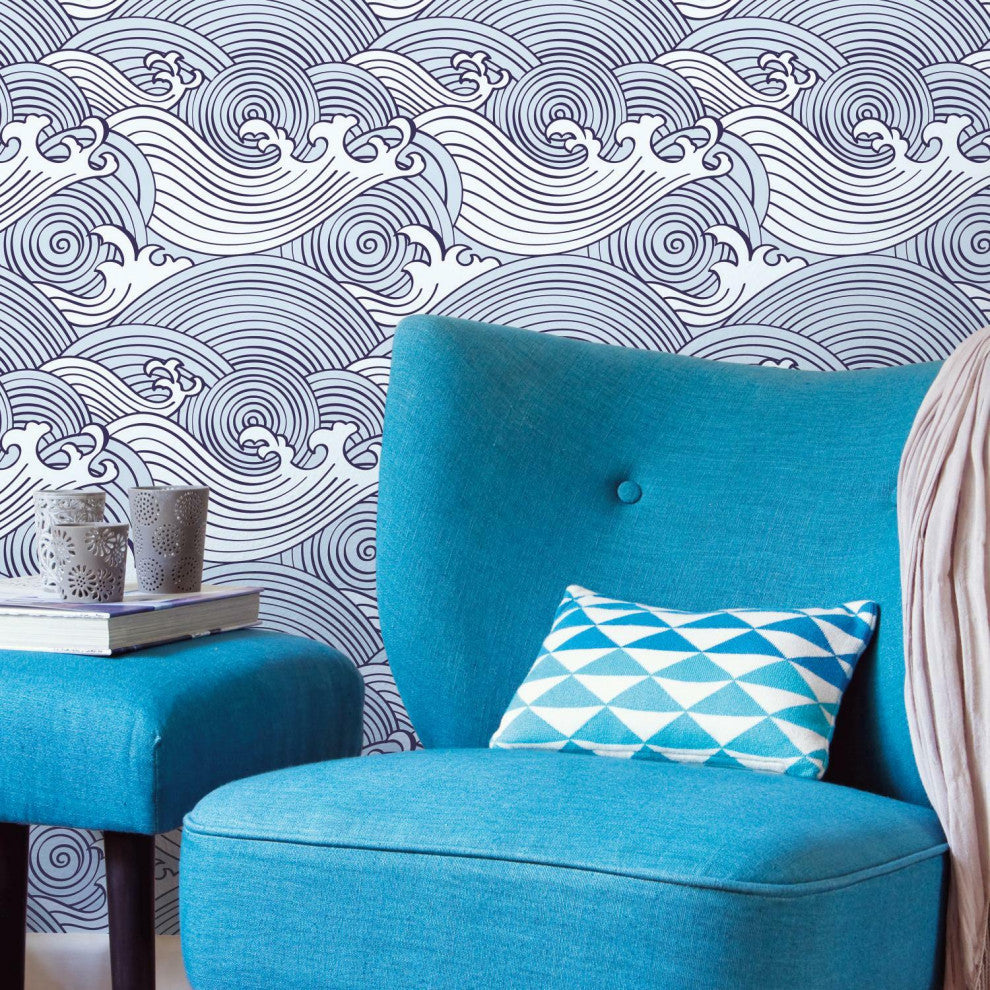 Blue & White Asian Waves Peel & Stick Wallpaper