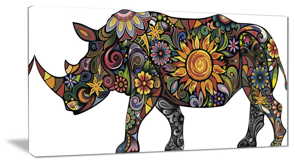"Cheerful Rhinoceros on White" Animal Digital Canvas Print, 32"x16"
