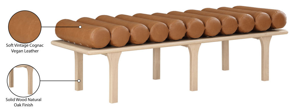 Landon Faux Leather Bench, Cognac, Natural Oak Finish