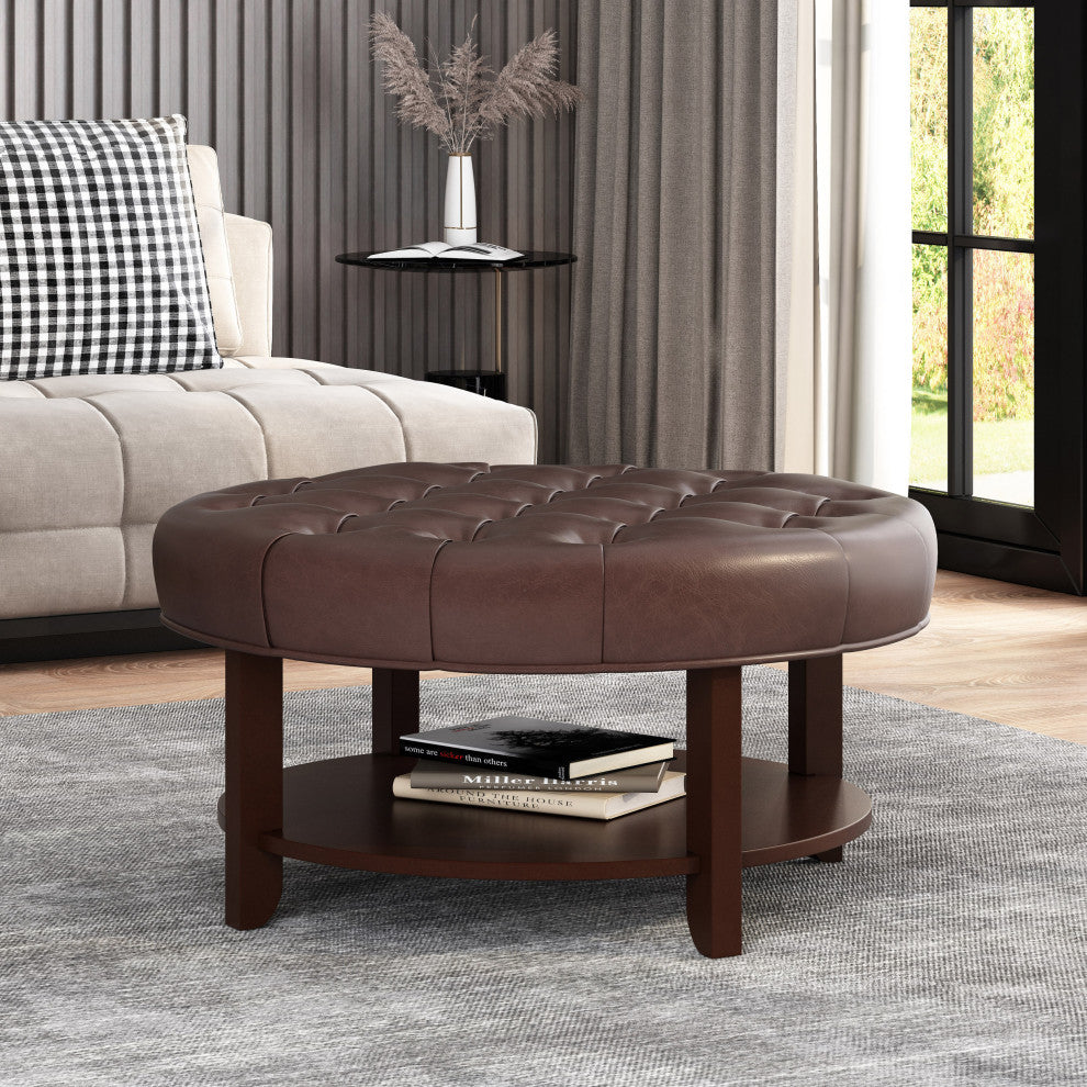 Baynes Faux Leather Tufted Wood Round Ottoman, Open Shelf, Dark Brown + Espresso
