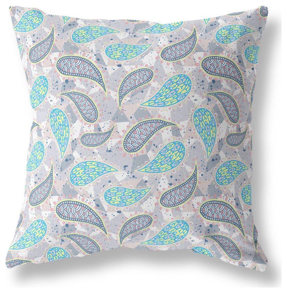 16" Gray Green Boho Paisley Indoor Outdoor Throw Pillow