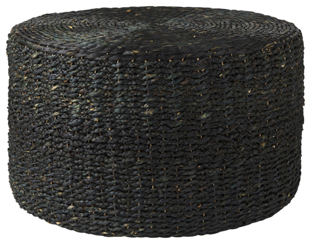 Dina 75Lx75Wx45H Black Cornhusk and Water Hyacinth Round Coffee Table Pouf