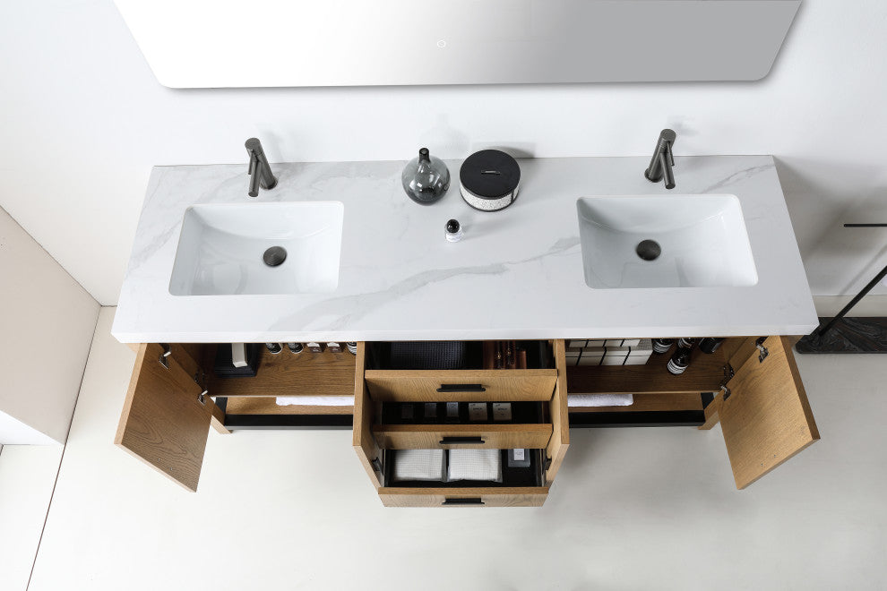 WINCHESTER Freestanding Modern Bathroom Vanity, Pecan Oak, 72", White Countertop