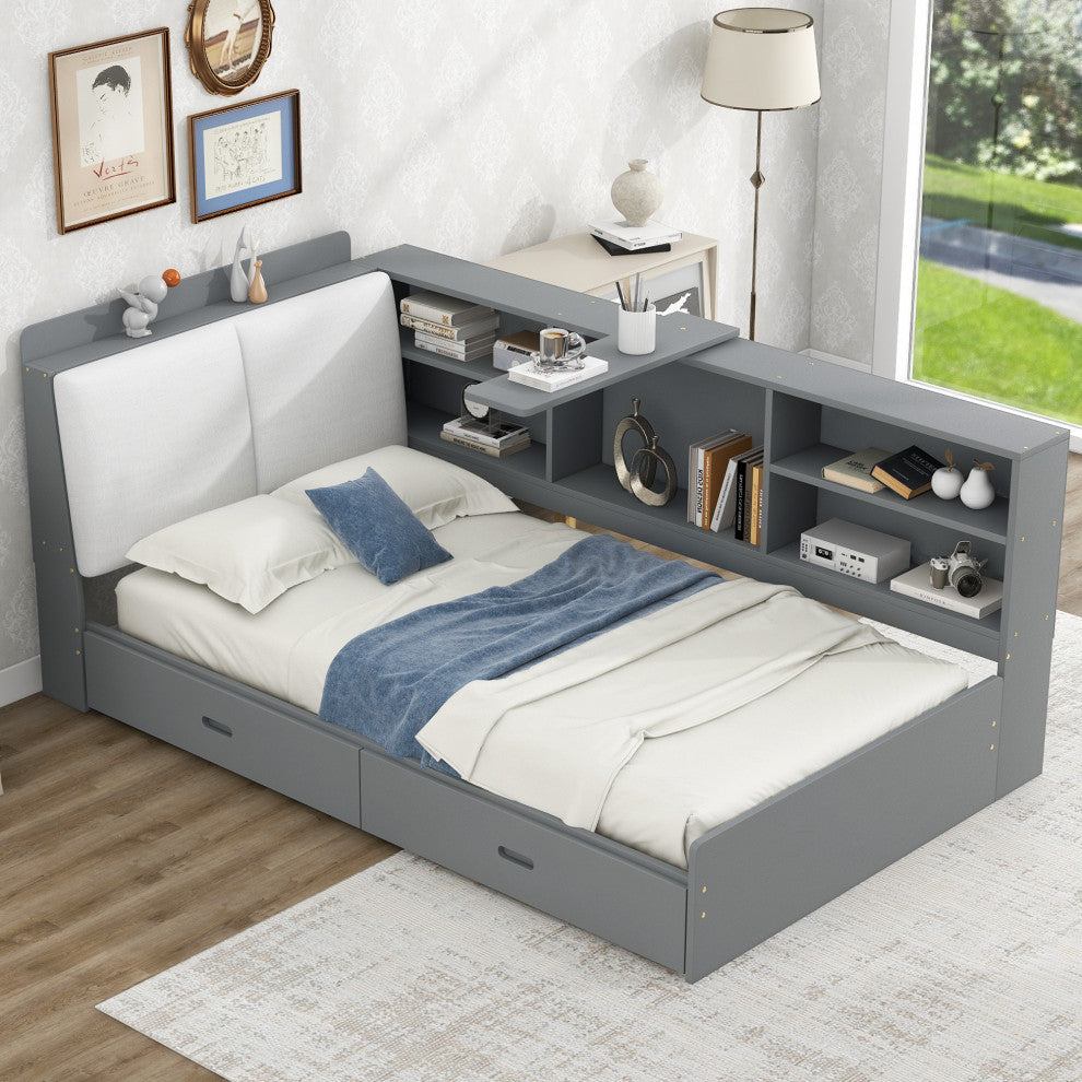 Gewnee Wood Twin Size platform bed with Storage Headboard