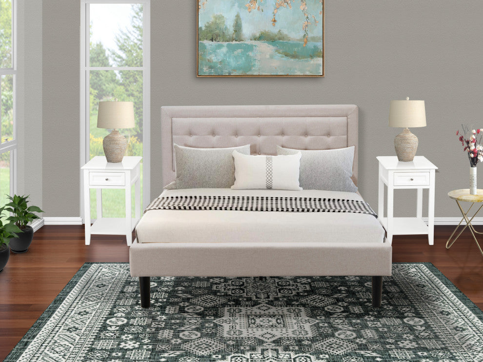 3Pc Platform Queen Bedroom Set, 1 Upholstered Bed, 2 Nightstands Mist Beige