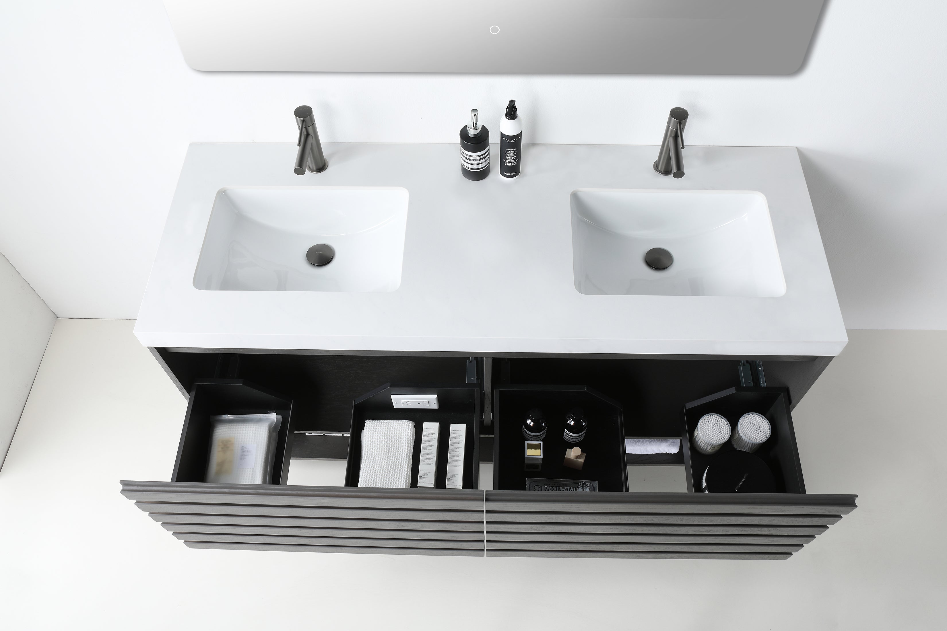 Matera Wall Mount Modern Bathroom Vanity, Charcoal, 60", White Countertop