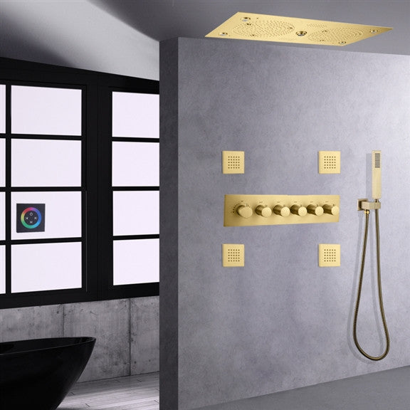 Thermostatic Recessed Ceiling Mount Led Rainfall Shower System, H Brushed Gold