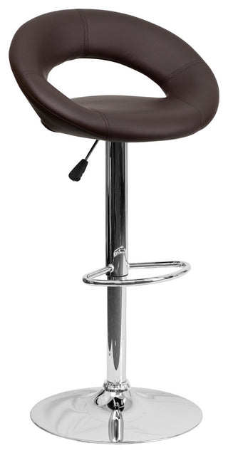 Contemporary Brown Vinyl Rounded Back Adjustable Barstool With Chrome Base