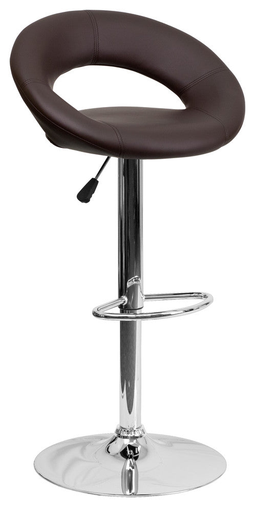 Contemporary Brown Vinyl Rounded Back Adjustable Barstool With Chrome Base