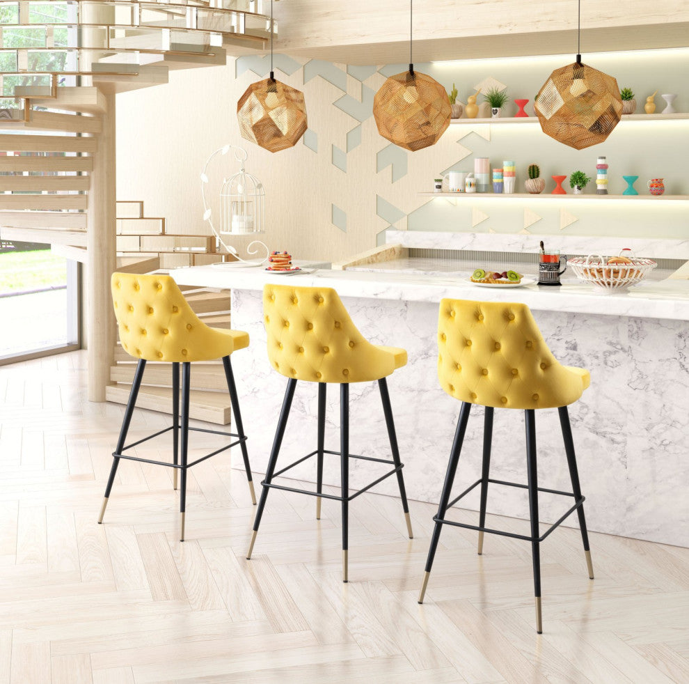 Bar Stool Chair Barstool, Steel Metal, Fabric, Yellow, Black, Gold, Cafe Bistro