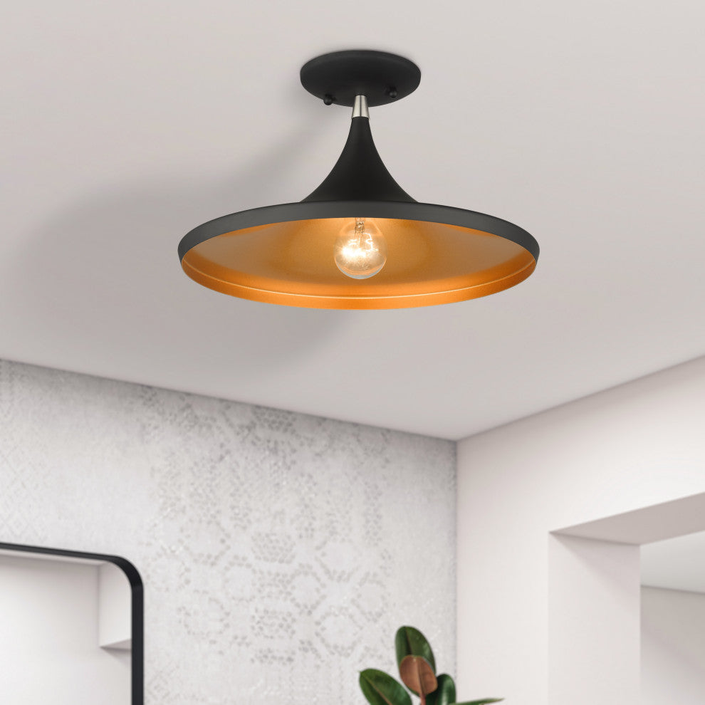 Livex Lighting Waldorf 1-Light Black Semi-Flush With Brushed Nickel Accents