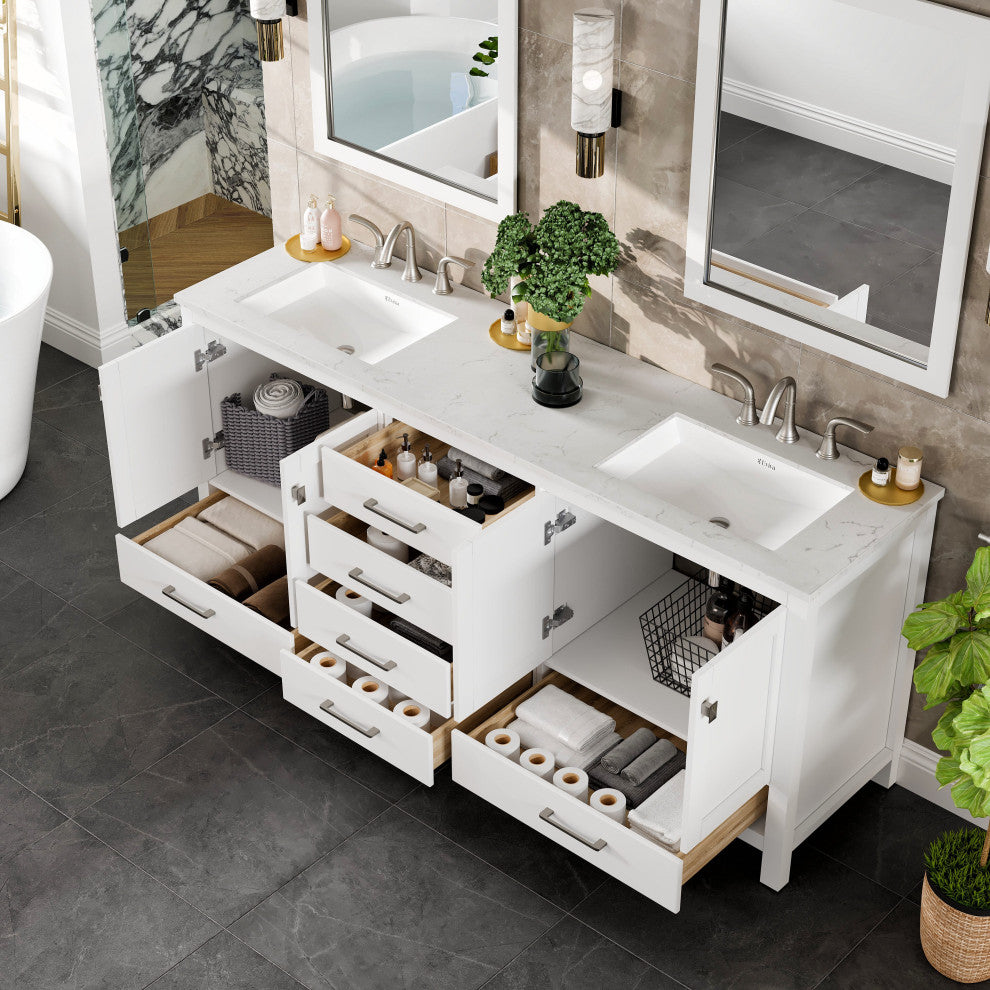Eviva Aberdeen 78" White Double Sink, Quartz Top