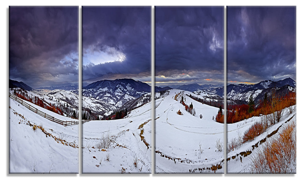 Frosty Day in Mountains Panorama, Landscape Canvas Art Print, 48"x28", 4 Panels