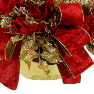 Hydrangea Holiday Arrangement with Bows in a Ceramic Container