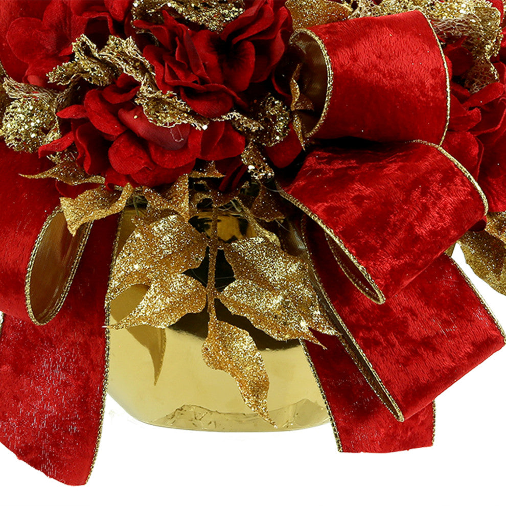 Hydrangea Holiday Arrangement with Bows in a Ceramic Container