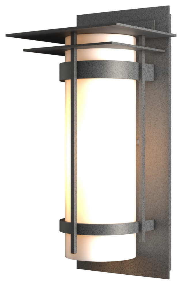 Banded with Top Plate Outdoor Sconce, Coastal Natural Iron Finish, Opal Glass