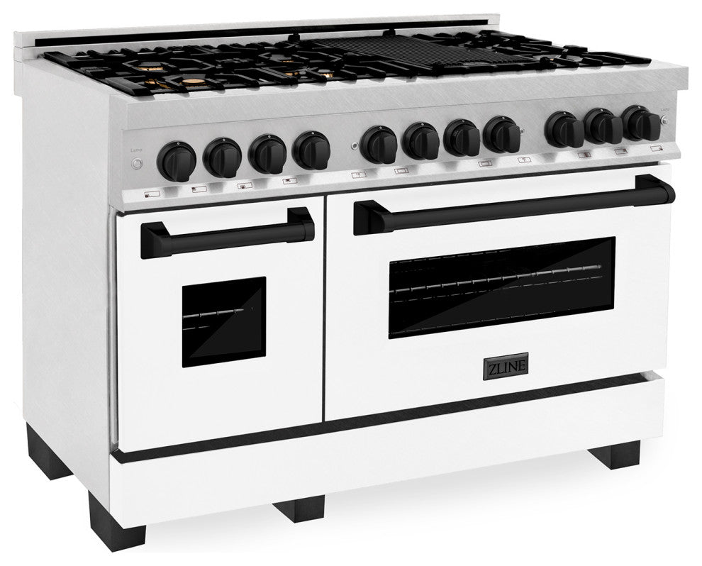 ZLINE 48" Dual Fuel Range, DuraSnow With White Matte Door RASZ-WM-48-MB