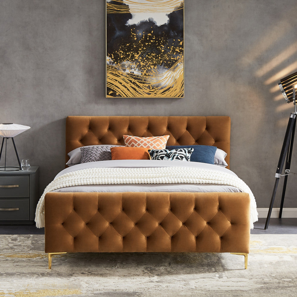 Beverly Mid-Century Modern Tufted Velvet Platform Bed, Queen