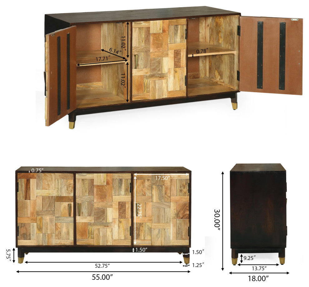 Graniss Boho Handmade Mango Wood 3 Door Sideboard, Walnut and Natural