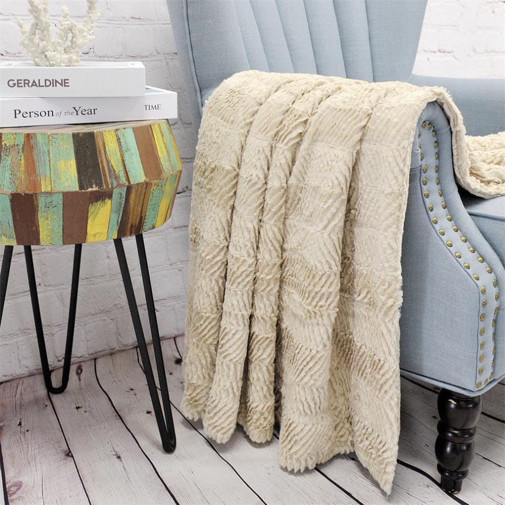 Herringbone Jumbo Over-Size Faux Fur Throw Blanket, Beige, 60" X 80"