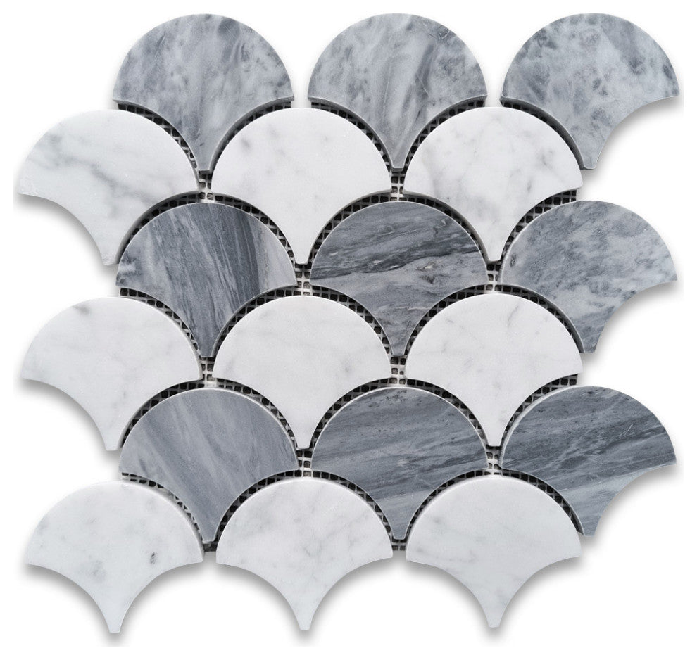 Carrara White Bardiglio Gray Marble Fish Scale Fan Shape Mosaic Tile, 1 sheet