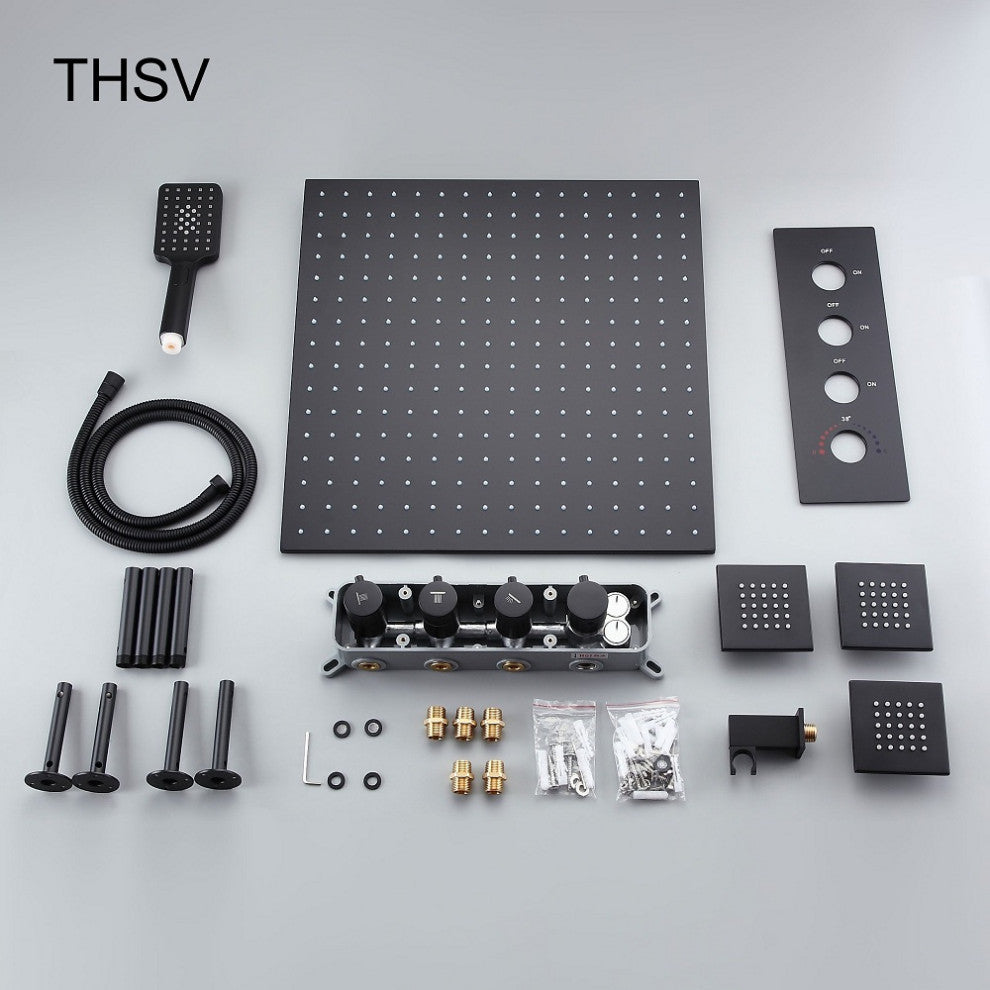 Black Shower System Large Rainfall Shower Head with Hand Shower and 3 Body Jets, 16 Inches With Thermostatic Shower Valve