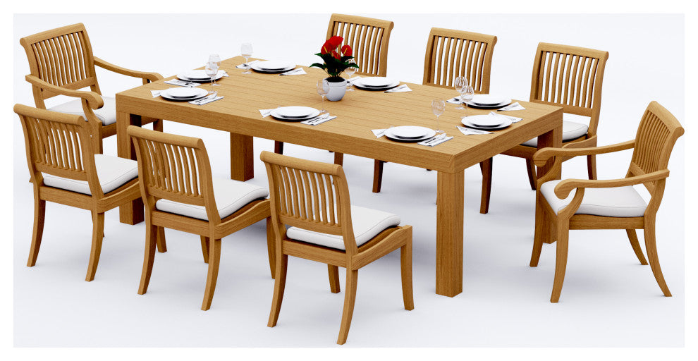 9-Piece Outdoor Teak Dining Set, 86" Rectangle Table, 8 Arbor Stacking Chairs