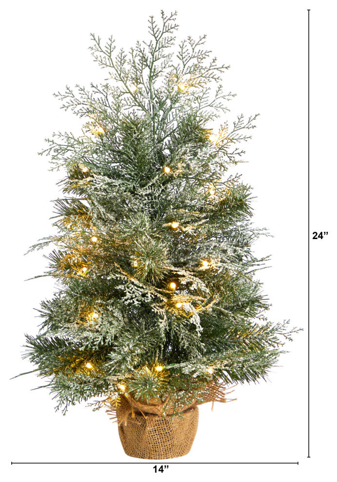 2' Winter Frosted Artificial Christmas Tree With 35 LED Lights, Burlap Base