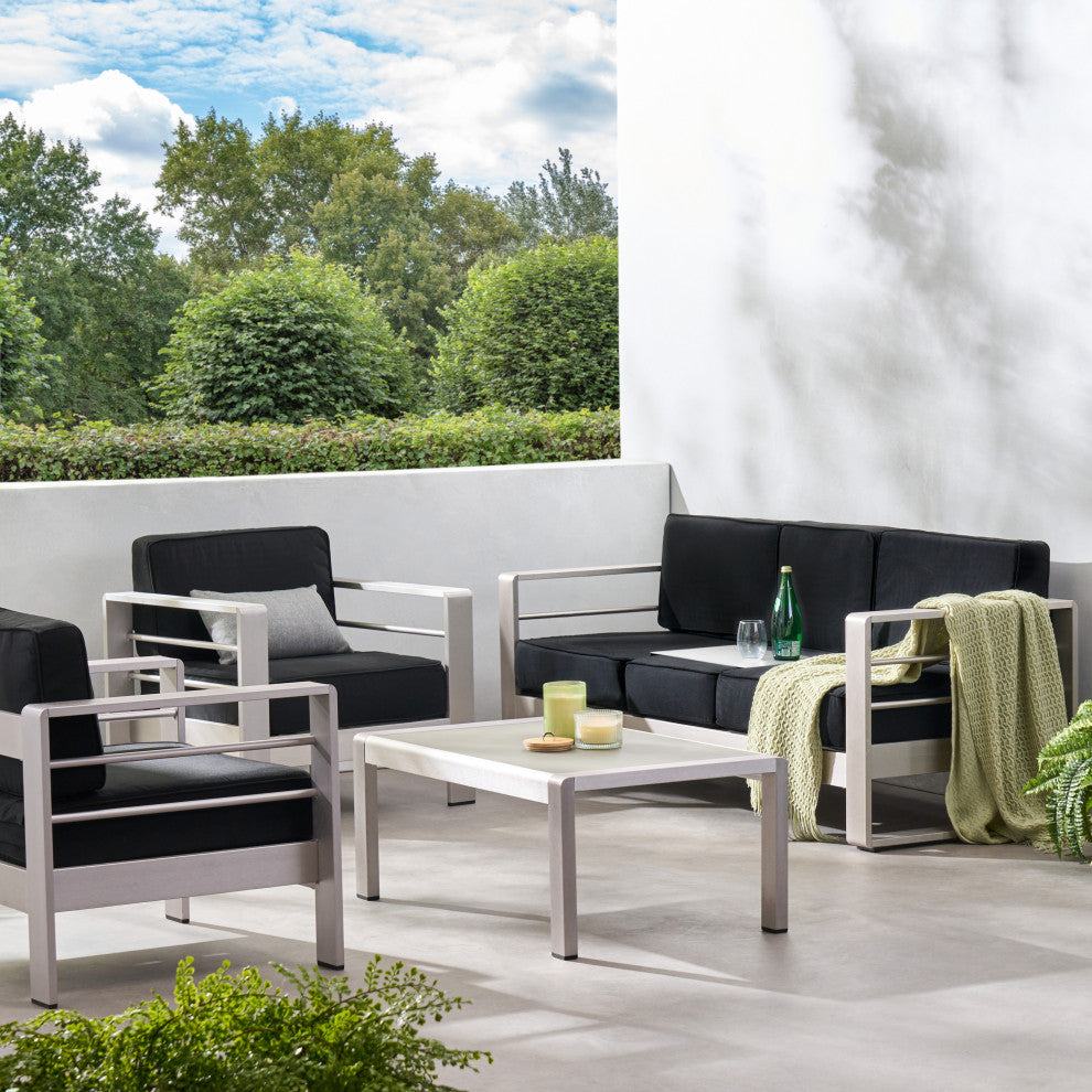 Crested Bay Outdoor Aluminum 5 Seater Chat Set With Sunbrella Cushions, Silver/Black