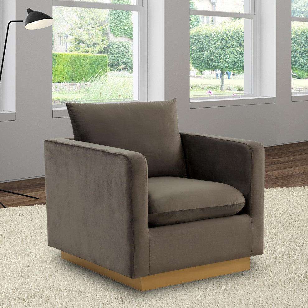 LeisureMod NS32DGR Nervo Dark Grey Velvet Accent Armchair With Gold Frame