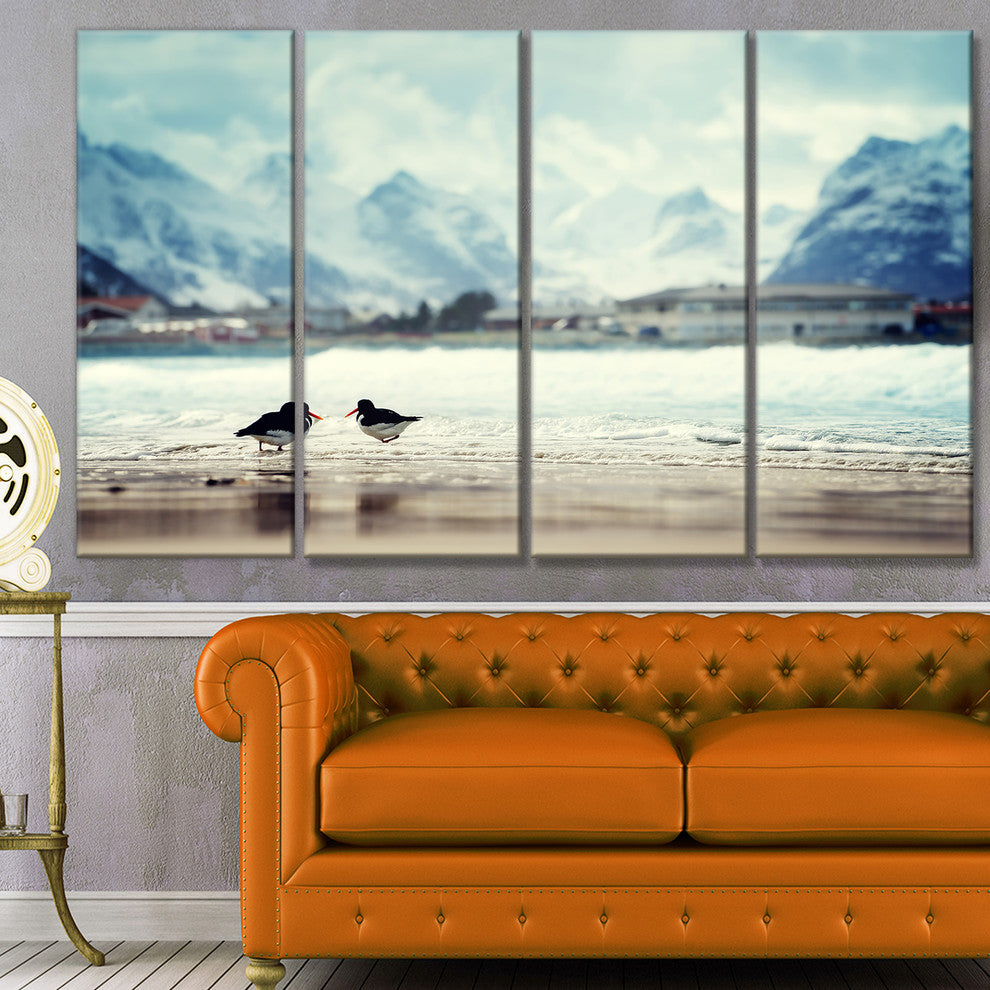 Birds and Mountain Peak, Seashore Wall Art on Canvas, 48"x28", 4 Panels