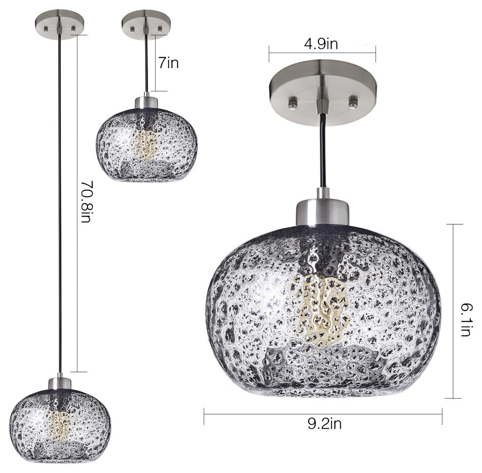 Mini Pendant Light Handblown, Clear, 6"x9", Brushed Nickel
