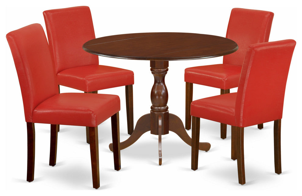 5 Pc Dining Set, 1 Drop Leaves Table, 4 Firebrick Red Pu Leather Chairs