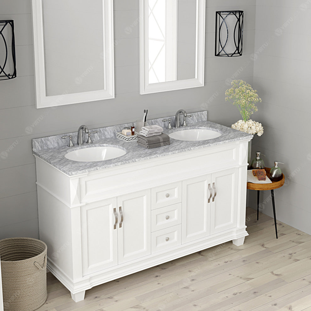 Virtu Victoria 60" Double Bathroom Vanity, White With Faucet and Mirrors