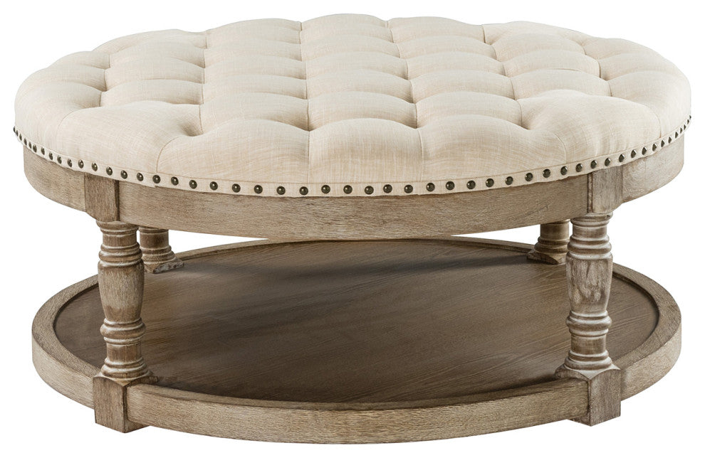 36" Wide Tufted Round Cocktail Ottoman With Storage, Linen