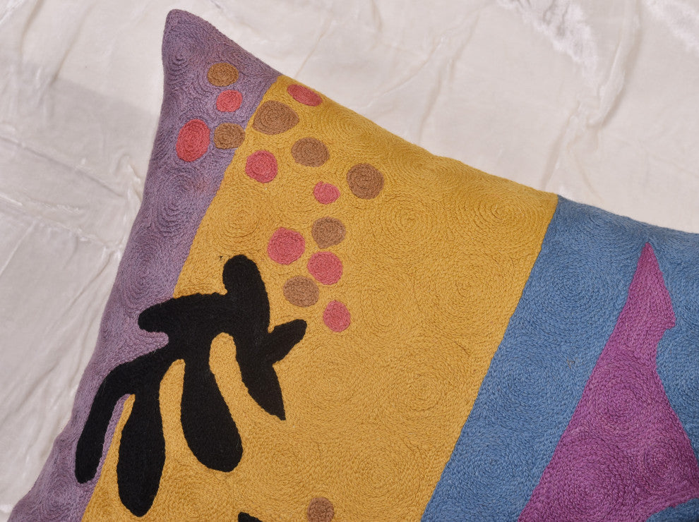 Matisse Yellow Pillow Cover Purple Gold Cut-Outs II Flower Wool Handmade 18x18