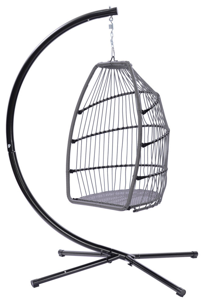 Outdoor Patio Wicker Folding Swing Chair Hanging With Bracket and Cushion Pillow