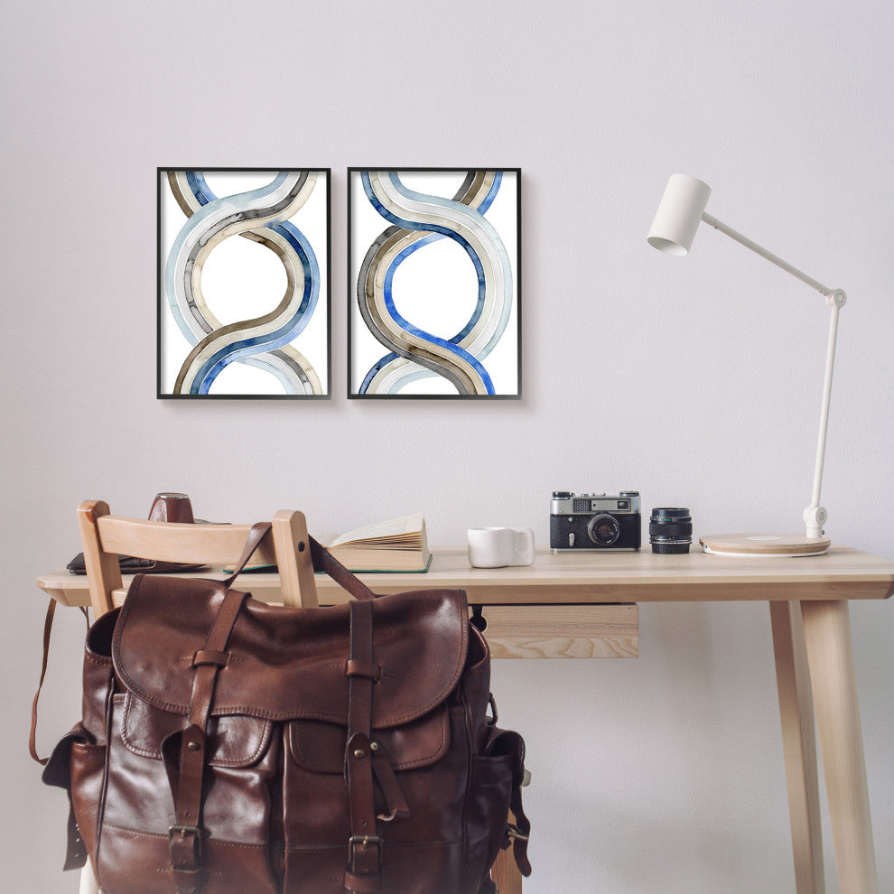 Two Dimensional Spiral Helix Brown Blue Abstract Lines,2pc, each 11 x 14