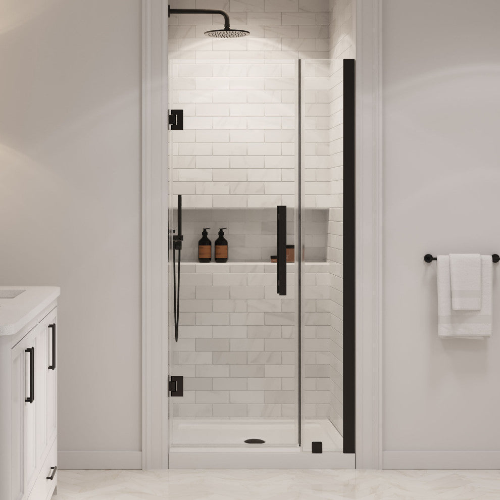 Panama Alcove Frameless Pivot Hinge Shower Door Kit With Base Pan, 2025, Black, 36x32"