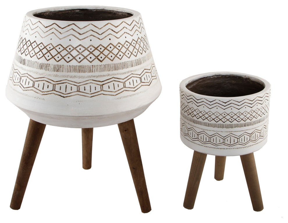 18" and 10" Tribal Fiberglass Plant Pot On Wood Stand,Set of 2