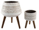 18" and 10" Tribal Fiberglass Plant Pot On Wood Stand,Set of 2