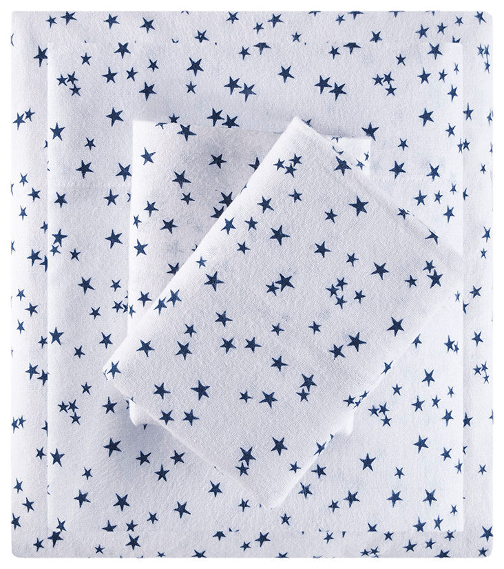 Intelligent Design Cozy Soft Cotton Flannel Printed Sheet Set, Blue Stars