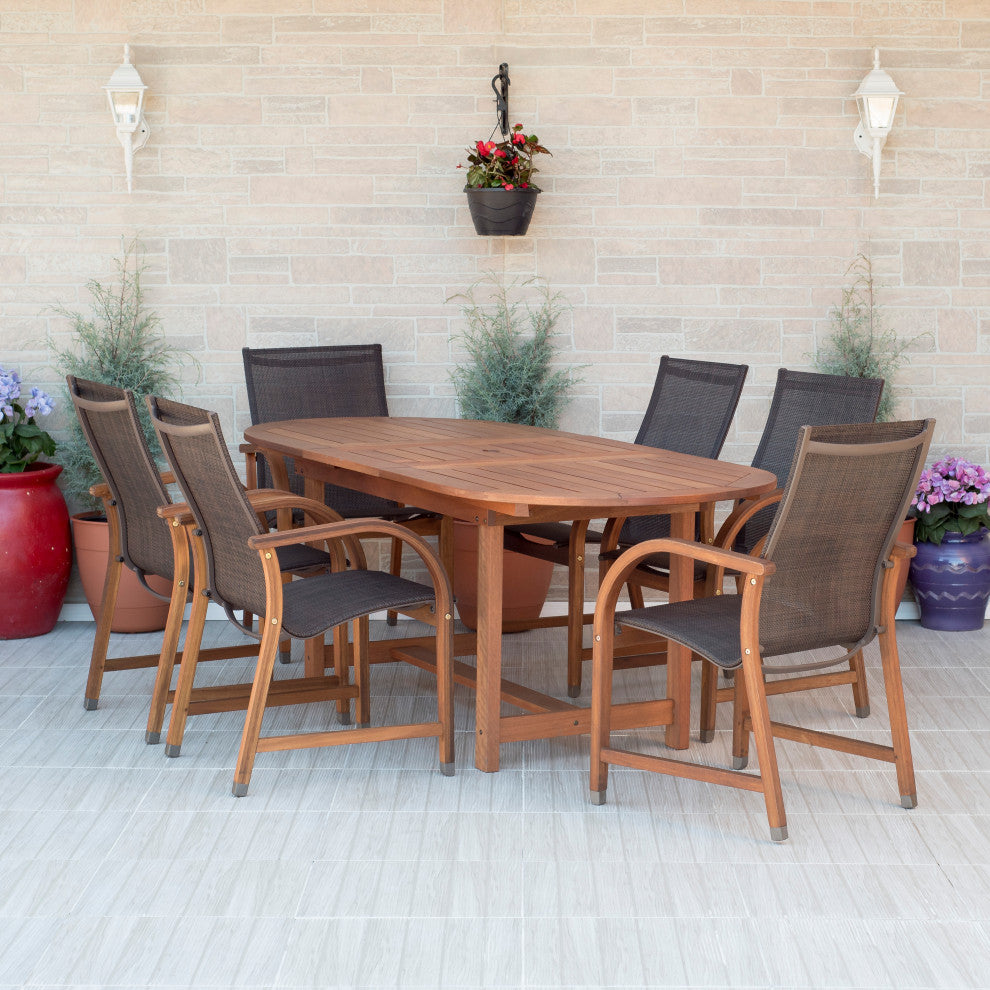 Amazonia Bahamas 7-Piece Eucalyptus Extendable Dining Set With Brown Sling Chair