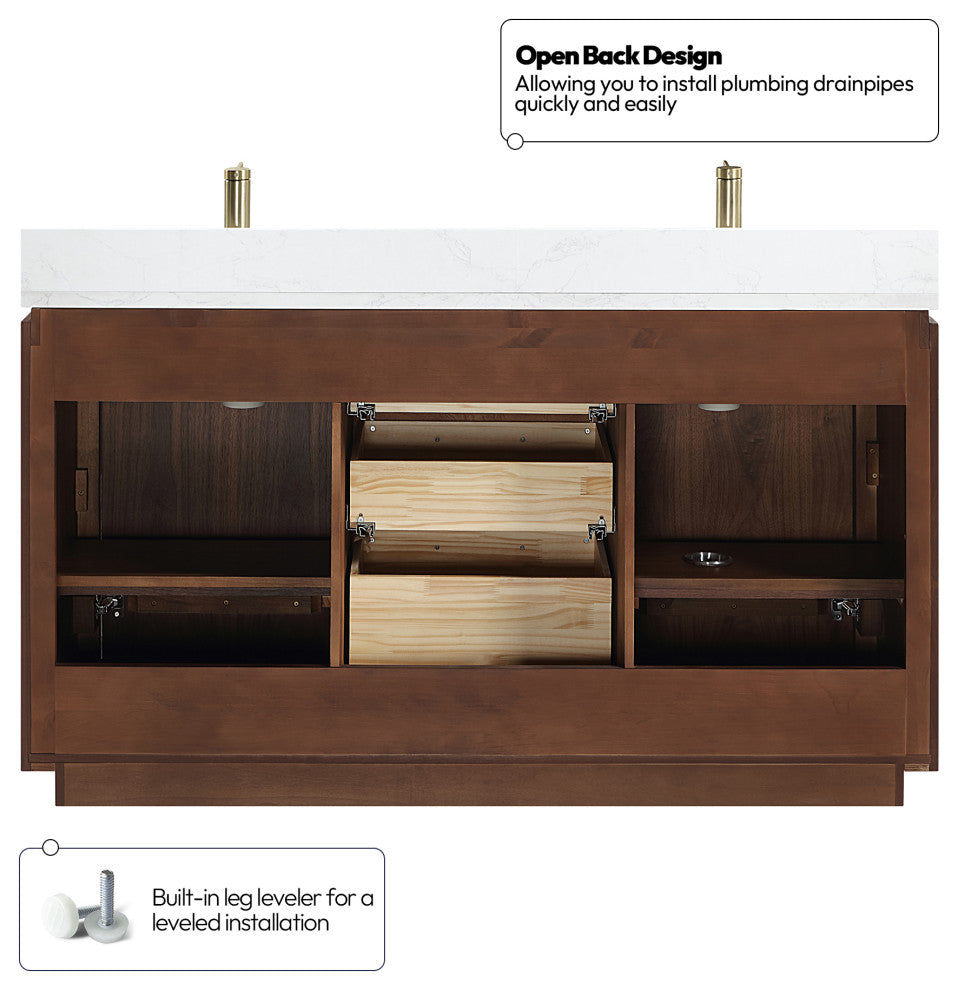 San Bath Vanity with Stone Top, Natural Walnut, 60" Double Sink, Double Vanity, No Mirror