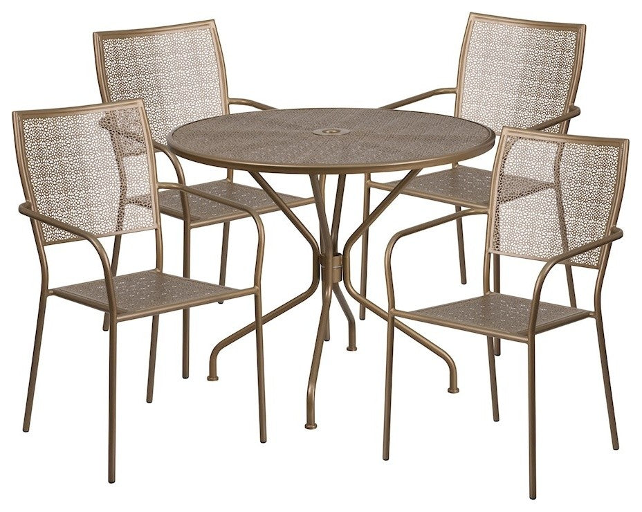 35.25" Round Gold Indoor-Outdoor Steel Patio Table Set with 4 Square Back Chairs