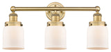 Edison Small Bell 3-Light 25" Vanity Light, Brushed Brass With Matte White Shade