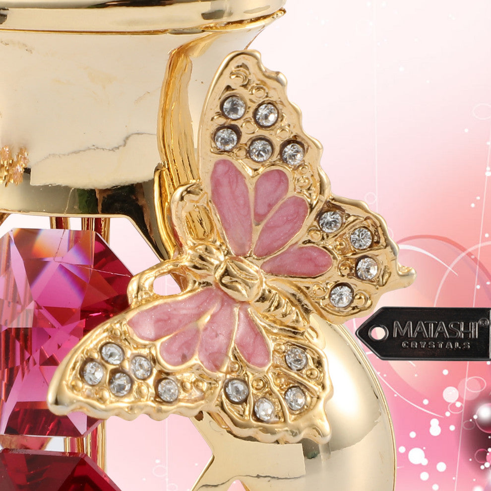 24K Gold Plated Crystal Studded Flower With Butterfly Ornament, Red Crystals
