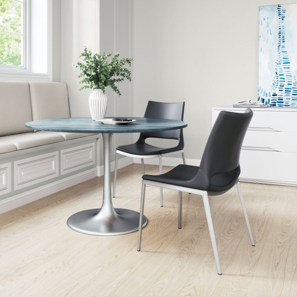 Dining Chair, Set of 2, Faux Vinyl Leather, Steel, Black, Silver, Cafe Bistro