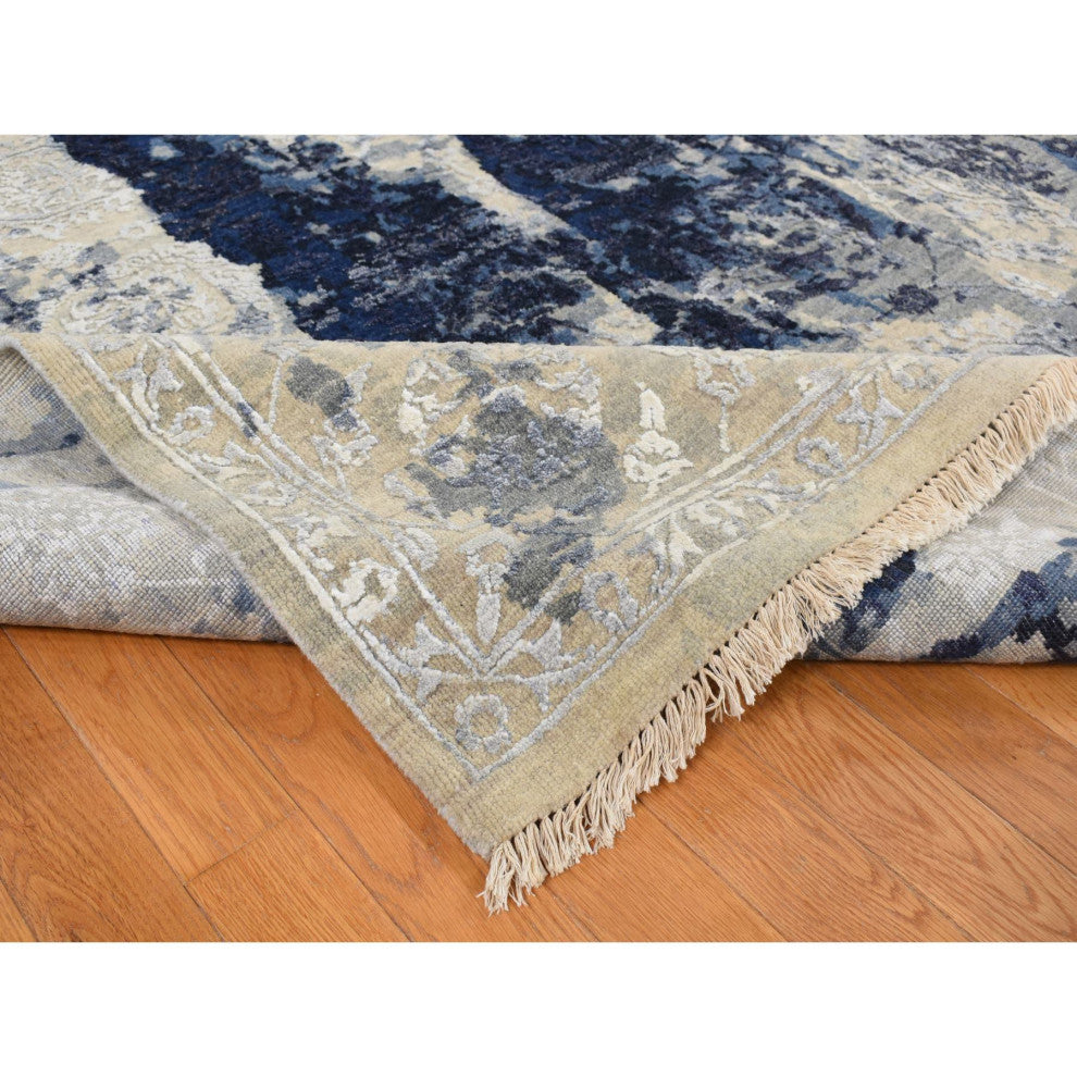 Blue Wool and Silk Japanese Shibori Design Hand Knotted Rug 6' x 8'10"