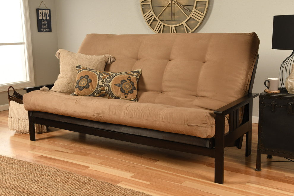 Caleb Frame Queen Futon With Espresso Finish, Espresso, Suede Peat